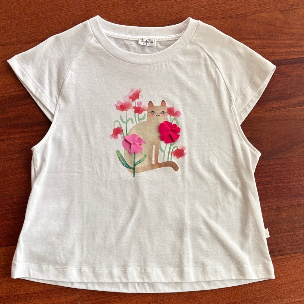 Italian made White Tee with Cat and Floral Design